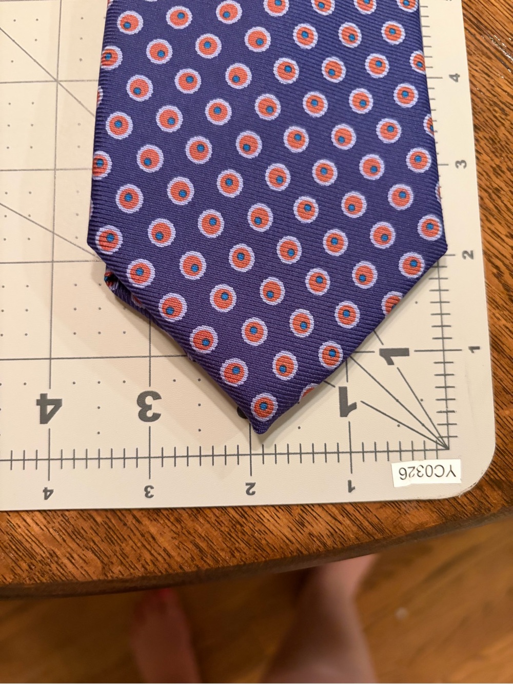 Drakes Navy Blue Silk Tie with orange and Light Blue Medallions - Picture 8 of 10